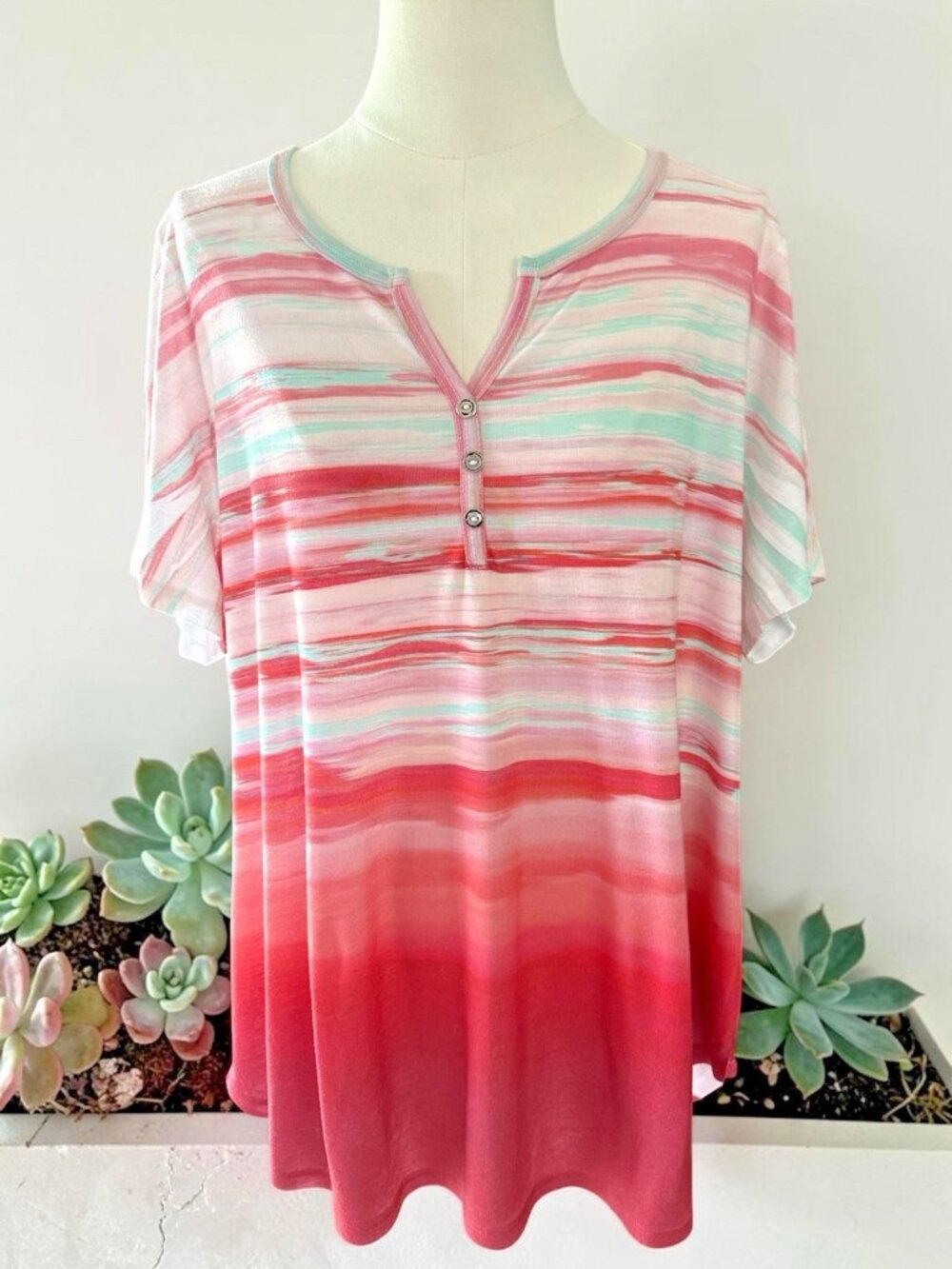 Croft & Barrow Short Sleeve Pink & Aqua Striped Ombre Top-Size 2X